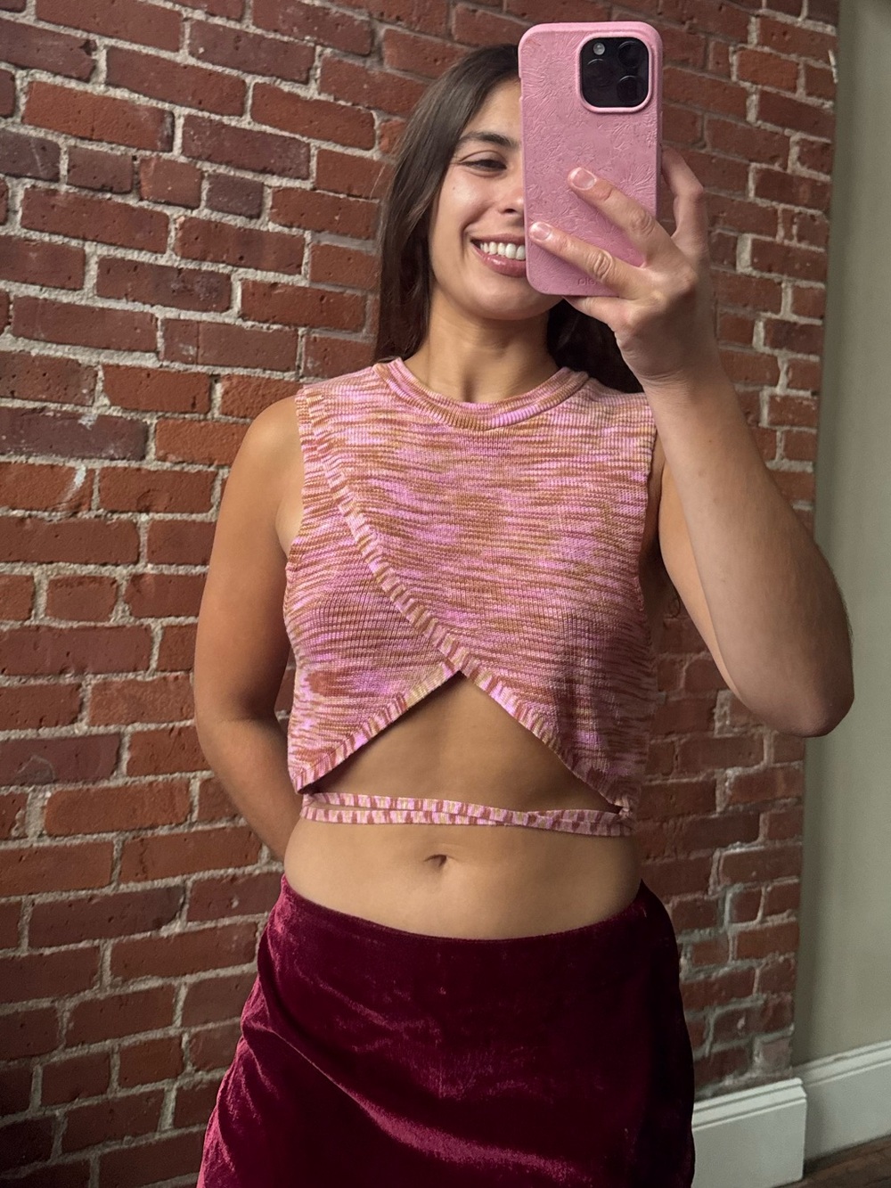Free People Miami Nights Tank Cinnamon Sugar Pink Tank Knit Crop Cross Front-S
